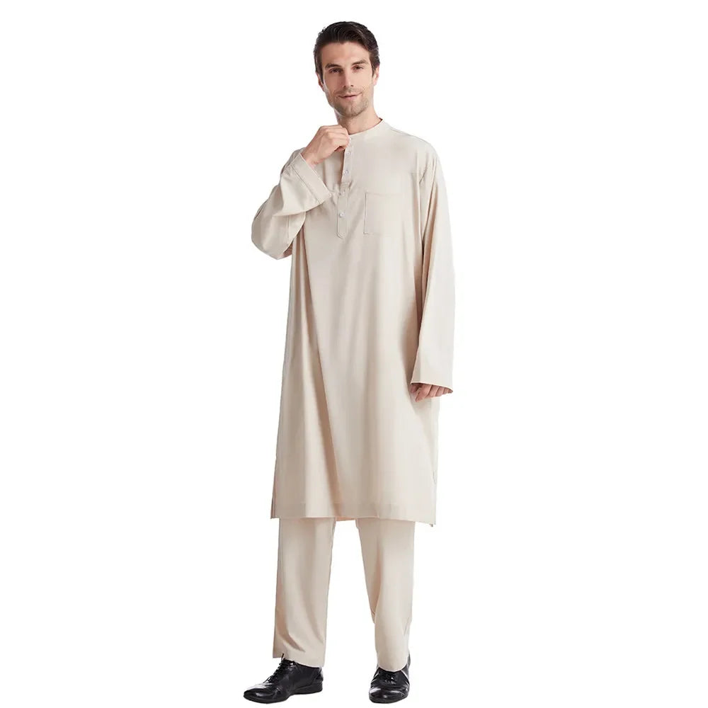 Männer Tops Hosen 2 Stück Set Jubba Thobe Muslim Kleid Islam Kleidung Abaya Kaftan
