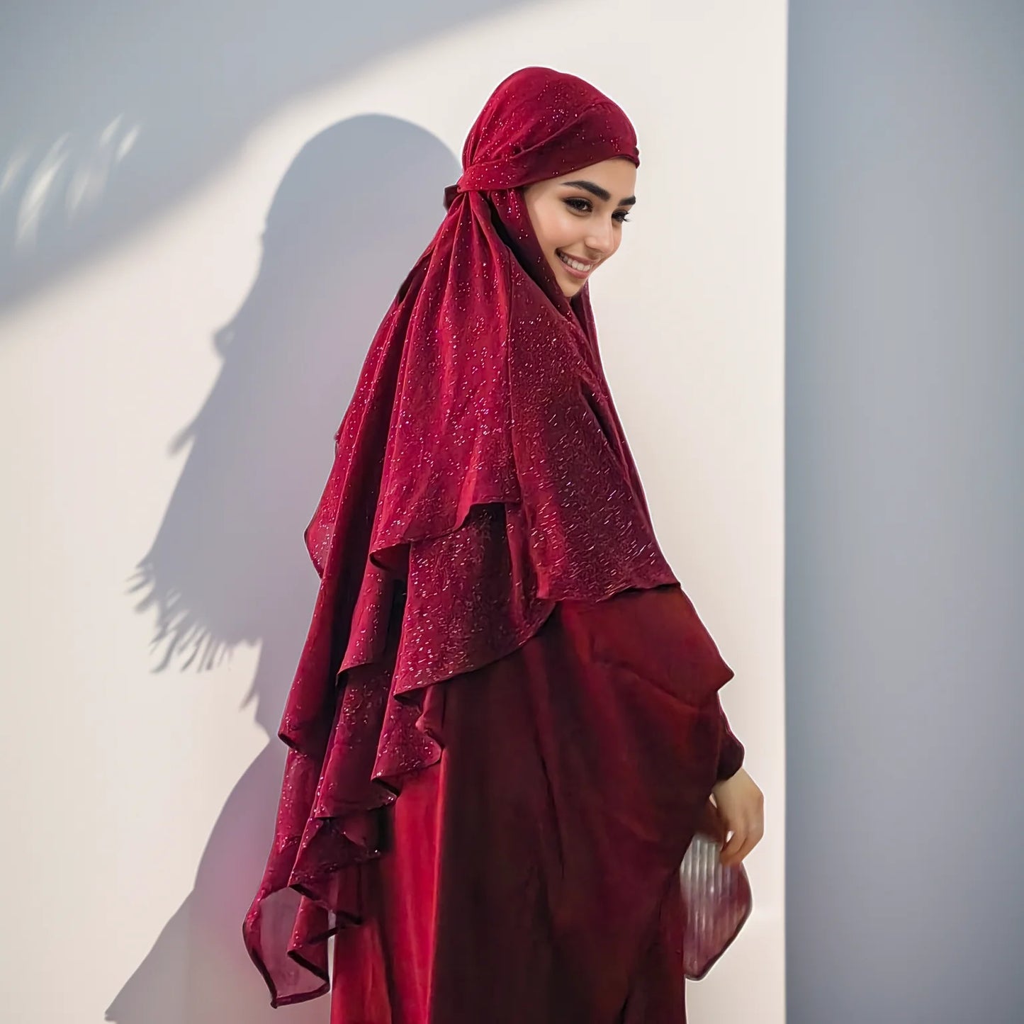 Khimar Neues Design, Glitzer, muslimisches Gebetshijab für Frauen, leichtes Polyester-Tschador, 2 Schichten, fließender Lady Khimar