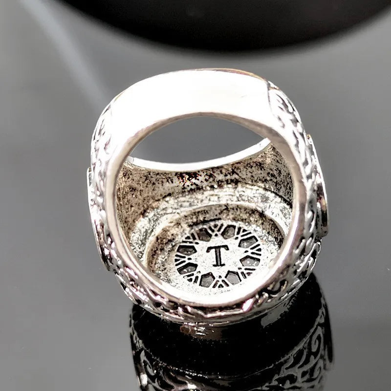 Retro Style Ancient Silver Color Inlaid with Multicolored Black Zircon Islamic Scripture Ring Men's Mysterious Domineering Ring