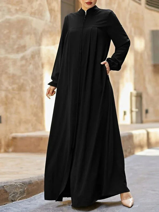 Muslimisches schwarzes Kleid mit kleinem Stehkragen und Reißverschlusstasche im eleganten, lockeren und lässigen Langarmrock