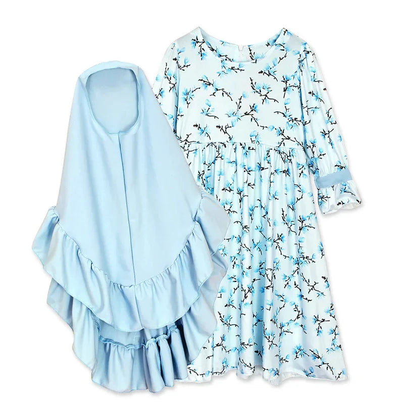 Abaya und Hijab 2teilig für Kinder und Mädchen, muslimisches Blumengebetkleid, Kopftuch, islamisches Gewand,  Khimar-Set