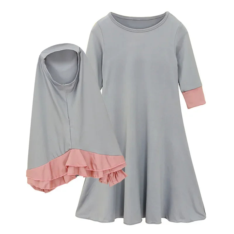 Abaya und Hijab 2teilig für Kinder und Mädchen, muslimisches Blumengebetkleid, Kopftuch, islamisches Gewand,  Khimar-Set