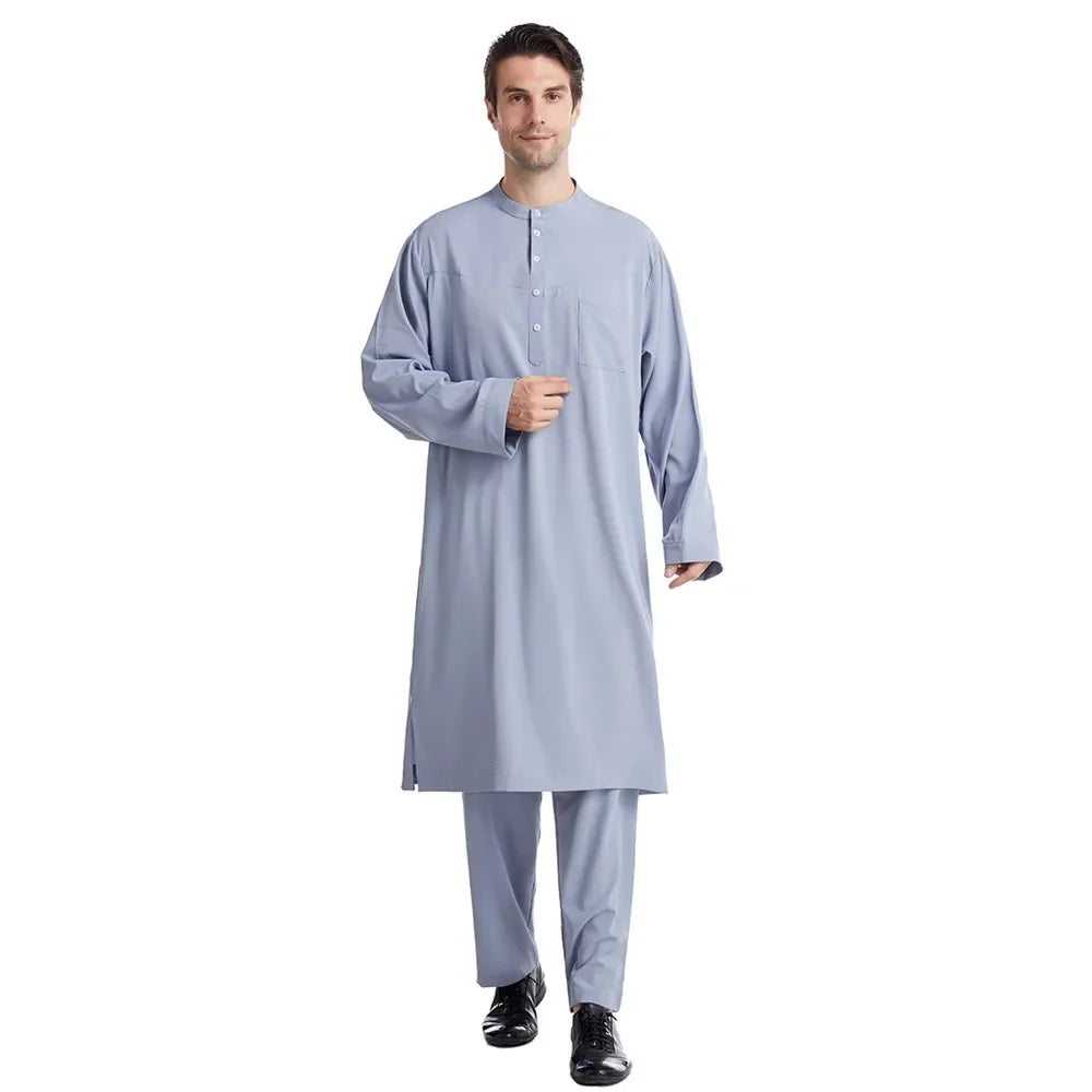 Männer Tops Hosen 2 Stück Set Jubba Thobe Muslim Kleid Islam Kleidung Abaya Kaftan