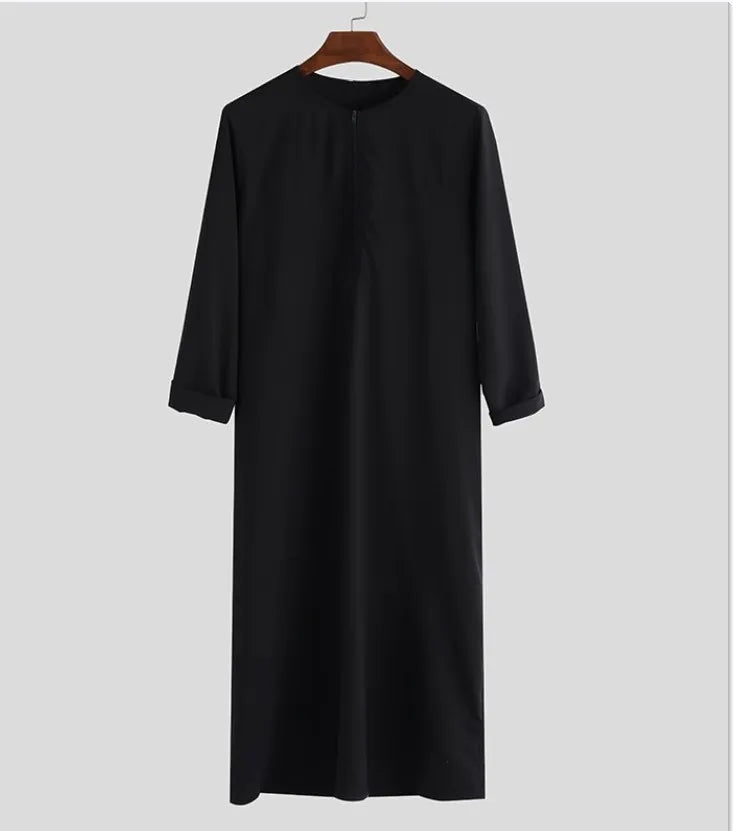 Jalabia Abaya Muslimische Robe für Herren, islamisches lockeres Robe-Reißverschlusshemd, einfarbig, Rundhalsausschnitt