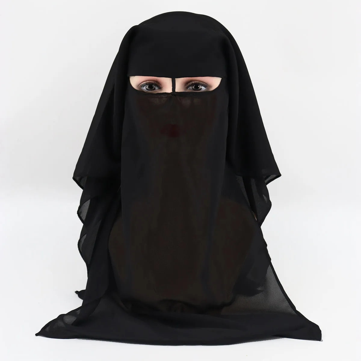 Niqab Dreilagiger Chiffon-Niqab zum Zurückbinden, Gesichtsmaske, vollständige Abdeckung, muslimischer Hijab-Schal, Kopftuch, Turban, Mütze