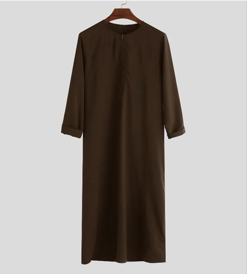 Jalabia Abaya Muslimische Robe für Herren, islamisches lockeres Robe-Reißverschlusshemd, einfarbig, Rundhalsausschnitt